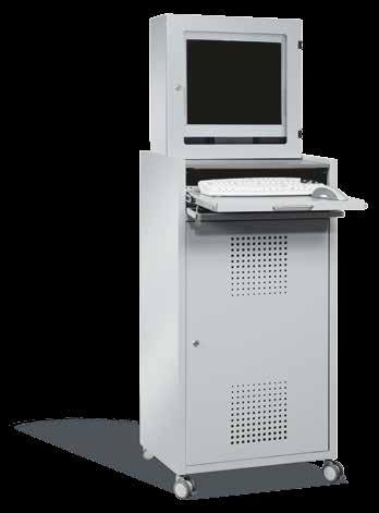Mobile IT Cabinet IT Enclosures Compact and Secure IT Terminal Steel housing, powder-coated in light grey RAL 7035 Graphite worktop for documents Ventilated sheet steel door with safety cylinder