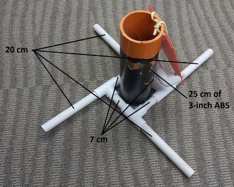Power and communication hub: The power and communication hub is constructed from 3-inch ABS (or PVC pipe) screwed into a ½-inch PVC pipe base.