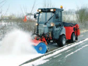 For example, with front mounted sweepers (working widths up to 160 cm), with various sprung flap snow ploughs (up to 170 cm