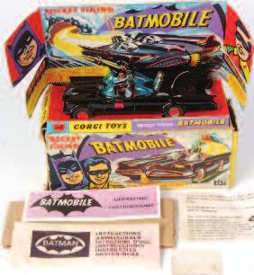 leaflet (M,BVG) (Box shows mini 318 without spotlight) 700-900 1708 Corgi Toys, 267 Batmobile, gloss black body with red Bat logo on doors, gold cast hubs, with figures, pulsating exhaust, with