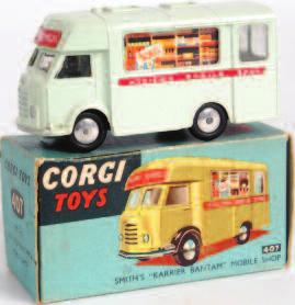 Corgi Toys, 355 US military police Commer van with flashing light, military green body with red interior and driver figure, blue flashing light, in the original blue and yellow all-card box with