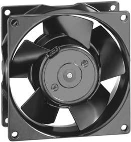 Series 3000 9 x 9 x 38 mm Technology AC fans with external rotor shaded-pole motor. Impedance protected against overloading. Metal fan housing and impeller. Air exhaust over struts.