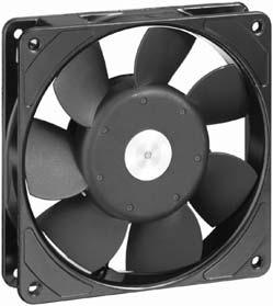 Series 9900 9 x 9 x 5 mm AC fans with external rotor shaded-pole motor. Protected against overloading by thermal cutout. Metal fan housing and impeller. Air exhaust over struts.