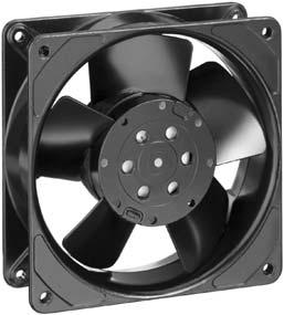 Series 00 Z 9 x 9 x 38 mm AC fans with external rotor shaded-pole motor. Impedance protected against overloading. Metal fan housing and impeller. Air exhaust over struts.