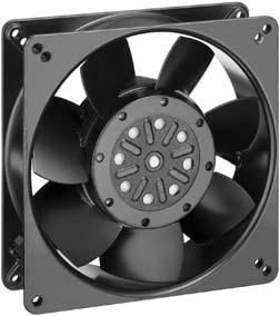 Series 50 35 x 35 x 38 mm AC fans with external rotor shaded-pole motor. Protected against overloading by thermal cutout. Metal fan housing and impeller. Air exhaust over struts.