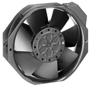 Series 7000 50 x 7 x 38 mm Technology AC fans with external rotor capacitor motor. Protected against overloading by integrated thermal cutout. Metal fan housing and impeller. Air exhaust over struts.