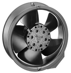 Series 00 7 Ø x 5 mm AC fans with external rotor capacitor motor. Protected against overloading by integrated thermal cutout. Metal fan housing and impeller. Air exhaust over struts.