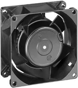 Series 8000 A 80 x 80 x 38 mm AC fans with external rotor shaded-pole motor. Impedance protected against overloading. Metal fan housing and impeller. Air intake over struts.