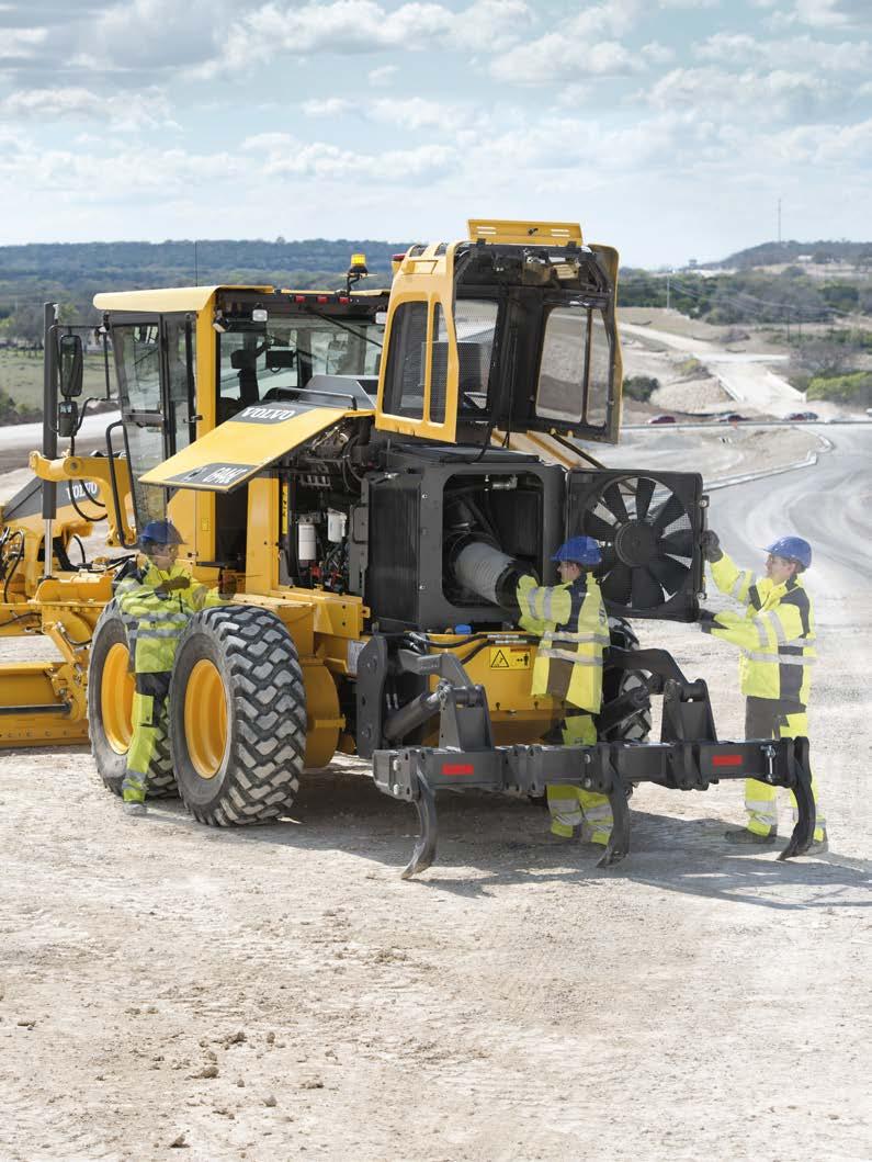 Tool-less service access. For quick and easy service checks, tools are not needed to access Volvo motor grader daily service points.