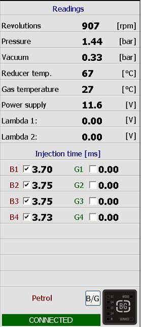 probe Injection Time [ms] Shows current petrol and gas injection times. The injectors that are selected are the currently working ones (deselecting given injector results in switching it off).