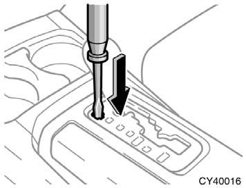 Insert the screwdriver or equivalent into the hole to push down the shift lock override button. You can shift out of P position only while pushing the button. 4. Shift into N position. 5.