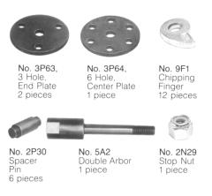 3P64 6 Hole Center Plate No. 9F1 Chipping Finger 12 pieces No. 2P30 Spacer Pin 6 pieces No. 5A2 Double Arbor No.