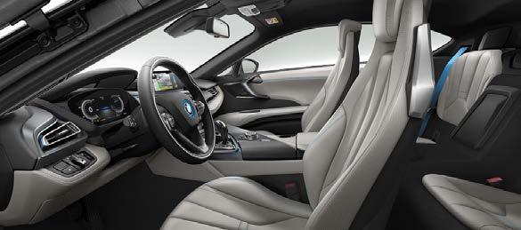 centre console; i8 designation embossed on front headrests - Black interior colour with anthracite headliner and black