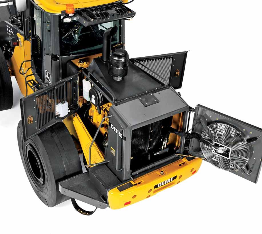 Rear access platform provides easy engine access and helps protect axles from sudden impacts. Two-stage aspirated air cleaner efficiently filters the airflow.