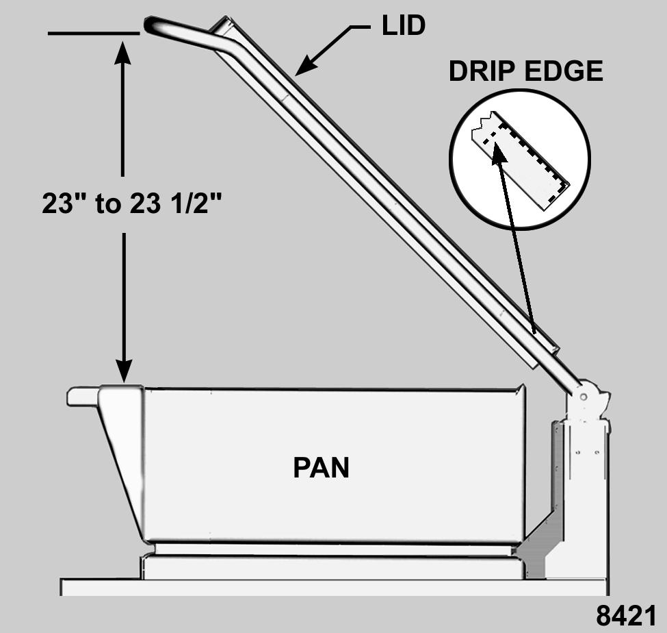 LID SWITCH ADJUSTMENT CAUTION: Lid switch should not allow pan to be raised if the lid is not opened a minimum of 23" or damage to the lid may occur. 1. Turn the on/off switch on. 2. Raise the lid to the full open position.