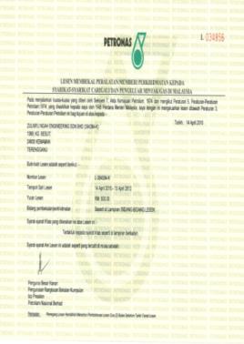 LIST OF ZNESB LICENSE AND REGISTRATION PETRONAS GROUP OF COMPANIES Registration No: L-384384-K R- PE107010000 PE1 ELECTRICAL-Cable Gland R- PM12903000