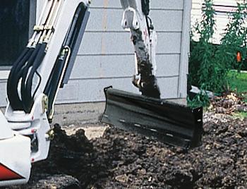 Bucket commonality between Bobcat excavators and backhoe attachments allows comparably-sized buckets to be interchanged using the bolt-on X-Change system.