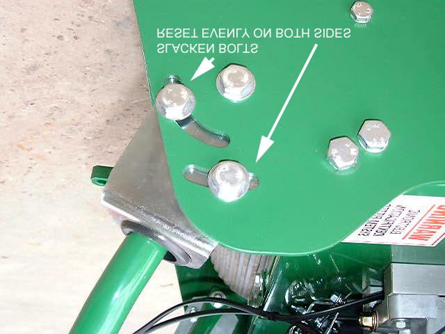 The length of grass after cutting depends on the setting of the front roller in relation to the main frame of the machine. Slacken the two clamp nuts on the front roller quadrants (use 19mm spanner).