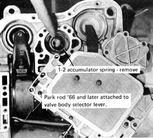 remove it also. Place valve body and spring in oil pan and set them on work bench. Discard 1-2 accumulator spring. STEP 4. Front band and servo. (See Fig. 5.