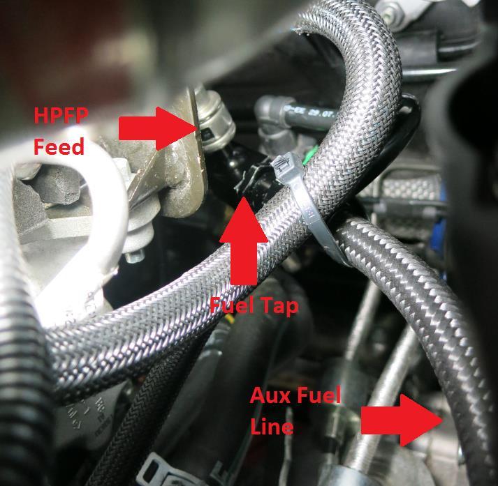 23. Place the fuel line tap on the 5/16 hard fuel supply line and re-attach the HPFP feed line to the top of the tap.