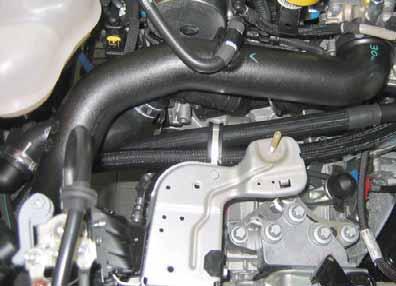 C A Install hose A through rubber-coated p-clamp. Routing in engine compartment 40 A A 4 Install hose A through rubber-coated p-clamp.