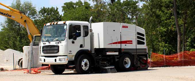 of debris. Superior dust control is maintained with an in-cab zone-controlled diaphragm water pump and a 360 gallon (1363 L) water tank for long sweep times between refills. 5.4 cubic yard (4.
