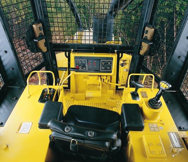 Easy and comfortable operation. Modular ROPS/FOPS cab is resiliently mounted to the frame. Large window area allows excellent front and rear viewing area.