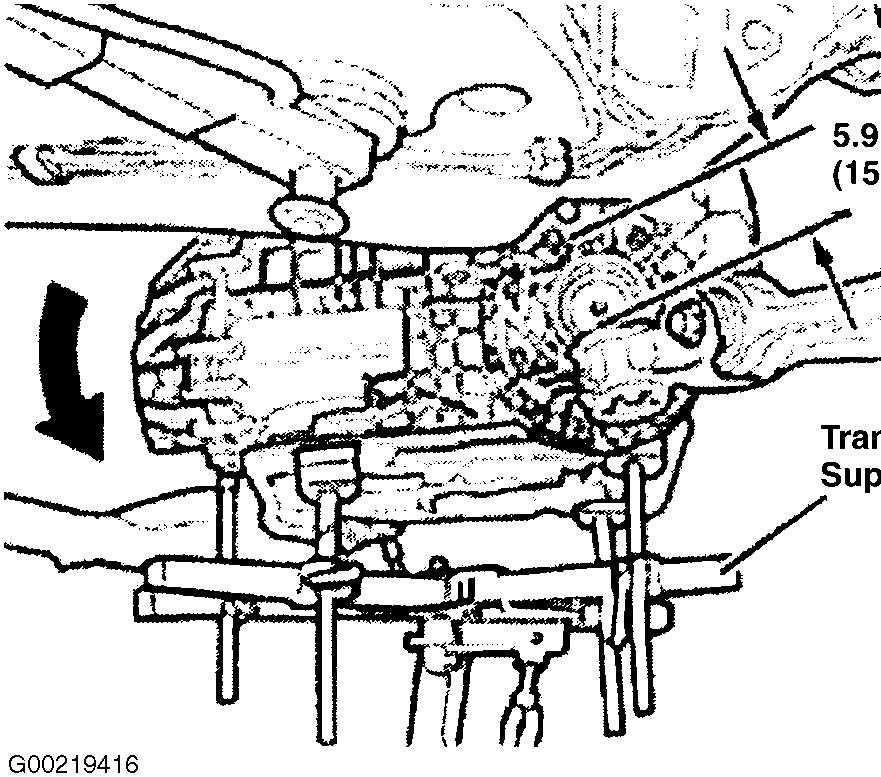 Fig. 14: Lowering Transaxle Between Subframe & Underbody 11. NOTE: CAUTION: Prior to installing transaxle, clean ATF lines. See SERVICING - A/T article.