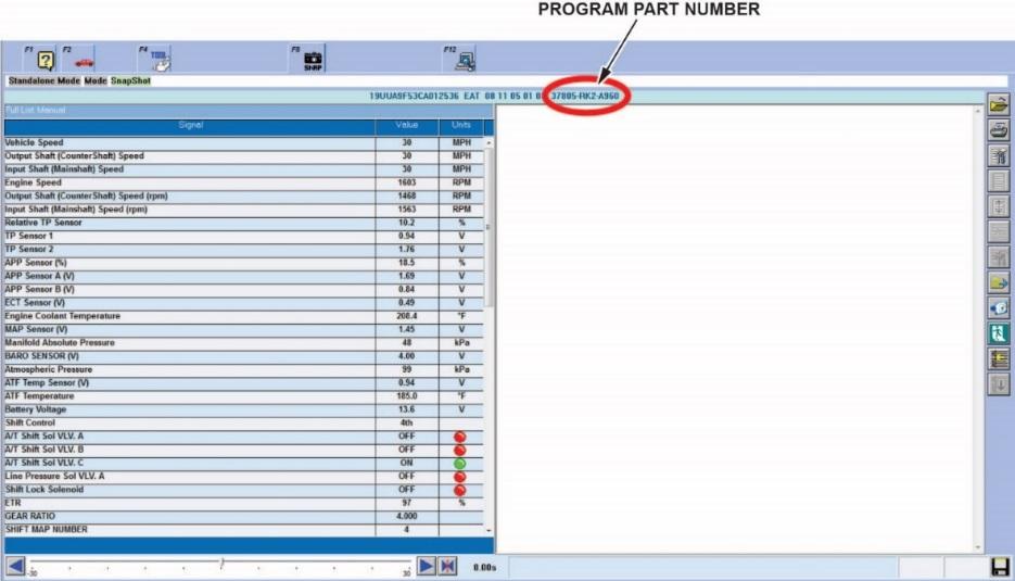 INSPECTION PROCEDURE 2012 13 MDX 1. Connect the i-hds and go to the A/T Data List. Check to see which PCM is in the vehicle. If the software program P/N starts with 37805, it is a Continental PCM.