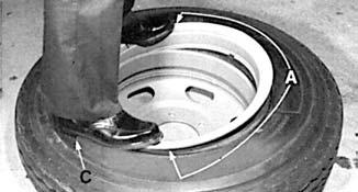 FOR TUBELESS TIRES: A. Place the rim base on the floor with the well side up. B. Lubricate both the tire beads and the top flange of the rim base. C.