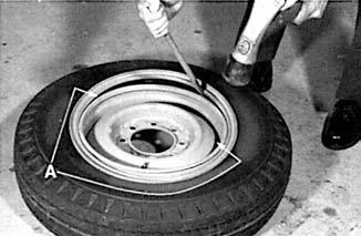 Insert the end of the split lock ring into the rim gutter To apply the second tire bead, press the tire bead into the rim well with foot pressure, opposite