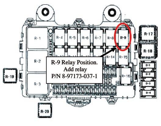 2013 Isuzu Truck 16.28 The R9 relay (P/N 8-97173-037-1) is not supplied with the vehicle. The relay can be ordered from your Authorized Isuzu Dealer s parts Department.