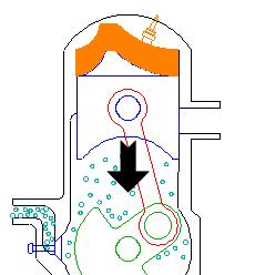 During the downward stroke the poppet valve is closed by the increased crankcase pressure.