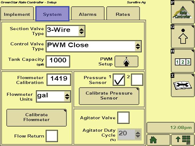 Setup - System System setup is where you will set the John Deere Rate Controller to be compatible with the SureFire fertilizer system components. F Setup & Operation 1. Section Valve Type: 3-Wire 2.