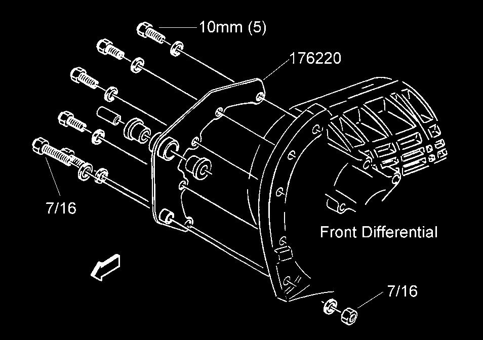 4) (4wd only) Attach bracket assembly 176220 to the front differential with the hardware from kit 860179. See illustration #11. Tighten the bolts to 35 ft lbs.