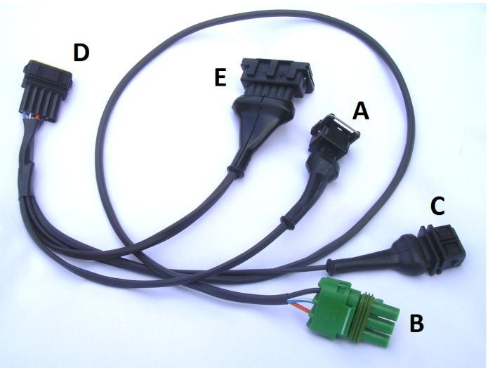 Connect the conversion wiring loom as follows: A) 2-pin female connector to air temperature sensor. B) Green 3-pin connector to MAP sensor.