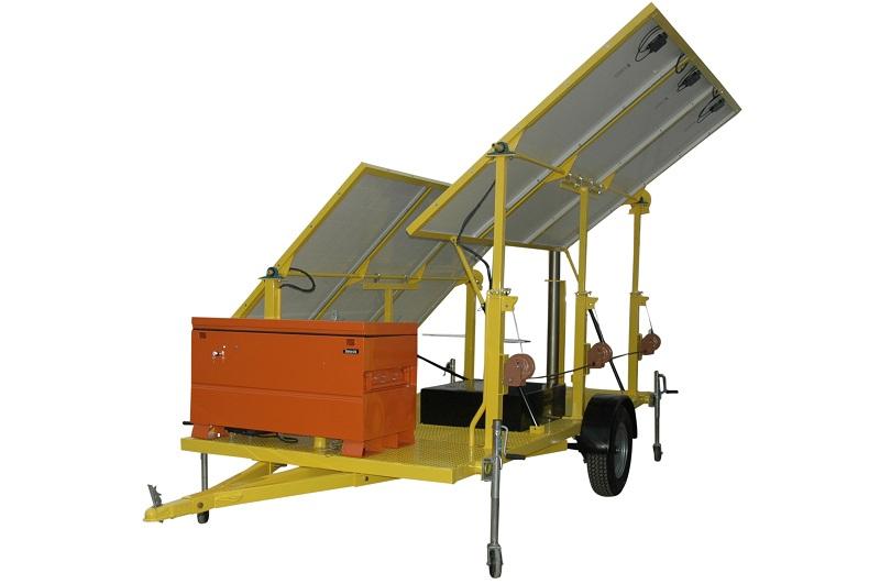array, dust to dawn sensor, timers, battery charging system, and pneumatic mast mounted on trailer with outriggers and removable tongue. This 1.
