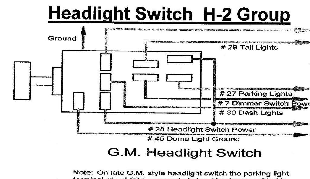 Headlight Group H-2 # 7 Blue (Dimmer Switch) # 27 Brown (Front Parking Lights) # 29 Brown (Tail Lights) #28 Red (Head Light Switch