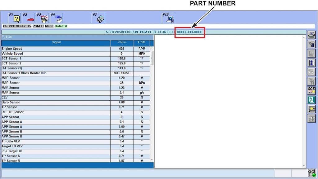 3. Check the PCM software version P/N located above the PGM FI Data List.