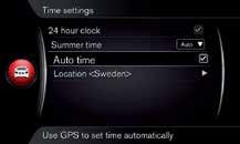 How do I set the clock? In the MY CAR normal view, press OK/MENU. Select Settings > System options > Time settings.