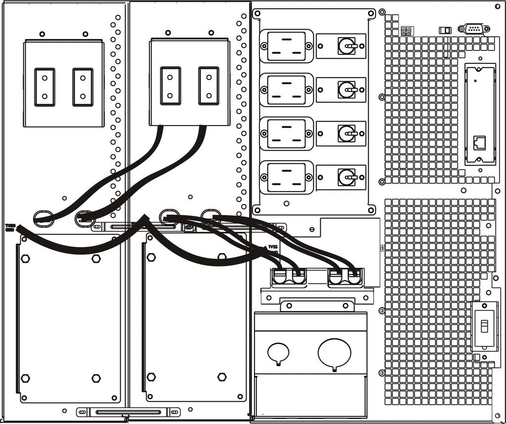 Connect to the uninterruptible power supply battery pack outlets (indicated below) using rear panel battery