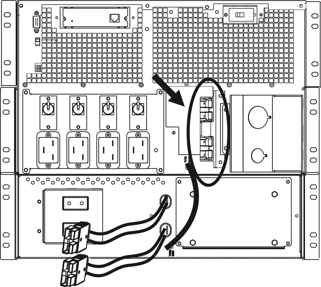 Connect to the uninterruptible power supply battery pack outlets (indicated below) using rear panel battery connectors.