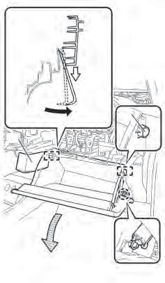 Remove the glove compartment door assembly. a. Disengage the claw and release the glove compartment door stopper. b.