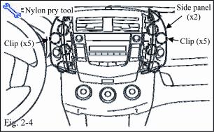 (c) Remove the side trim panels (1) Apply masking tape to left and right side of dash at trim and radio