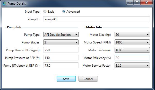 Table 7 Pump Details Input Name Input Type Pump ID Pump Type Pump Stages Pump Flow at BEP (gpm) Pump Pressure at BEP (ft) Pump Efficiency at BEP (%) Motor Size (hp) Motor Speed Motor Enclosure Motor