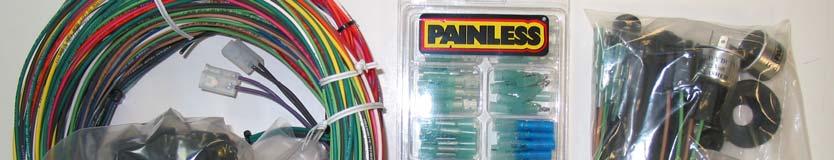 The Painless Wire Harness Kit should contain the following items: A The Main Wire Harness, with the Fuse Block wired in and fuses installed. B Headlamp Connector Cables.
