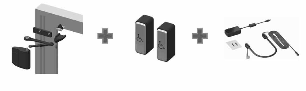 ADAEZ PRO PLUS: Models 5833xNPB (push), 5813xNPB (pull) Kit Includes: Operator Push Side - Parallel Arm (illustrated) or Pull Side - Regular Arm Narrow Style Push Buttons (2) ADA1015P Hardwire Kit: