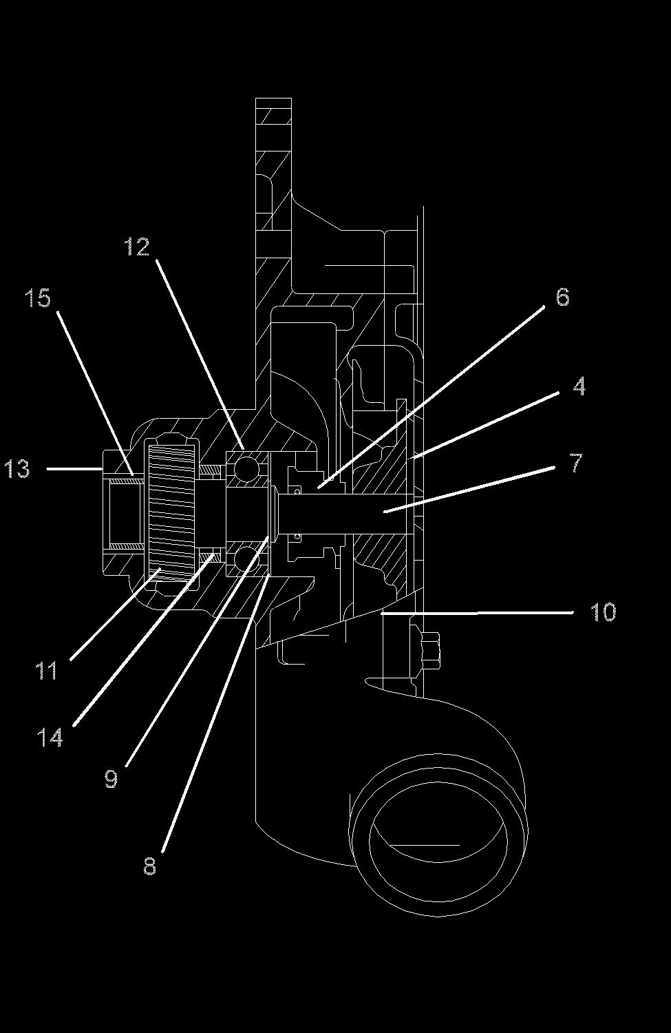 56 SENR9779-03 5. Support the machined face (10) of the housing of the water pump (3) on a suitable support. Press on the shaft (7) until the gear (11) and the bearing (12) are free from the shaft.