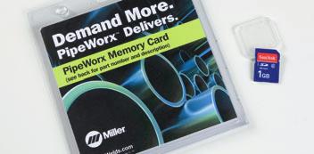 welding applications. These programs are available on commercial memory cards and operate through the PipeWorx Card Reader on the operator interface.
