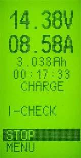The pictures below show how a running charging procedure in "I-CHECK charging mode" is signaled to the user on the device screen (the previous activated key lock is canceled during "I-CHECK charging